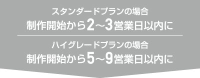 ［スタンダードプランの場合］制作開始から2〜3営業日以内に［ハイグレードプランの場合］制作開始から5〜9営業日以内に