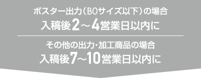 ［ポスター出力（B0サイズ以下）の場合］入稿後2〜4営業日以内に［その他の出力・加工商品の場合］入稿後7〜10営業日以内に