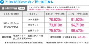 料金表 910×1820mm内 折り加工なし